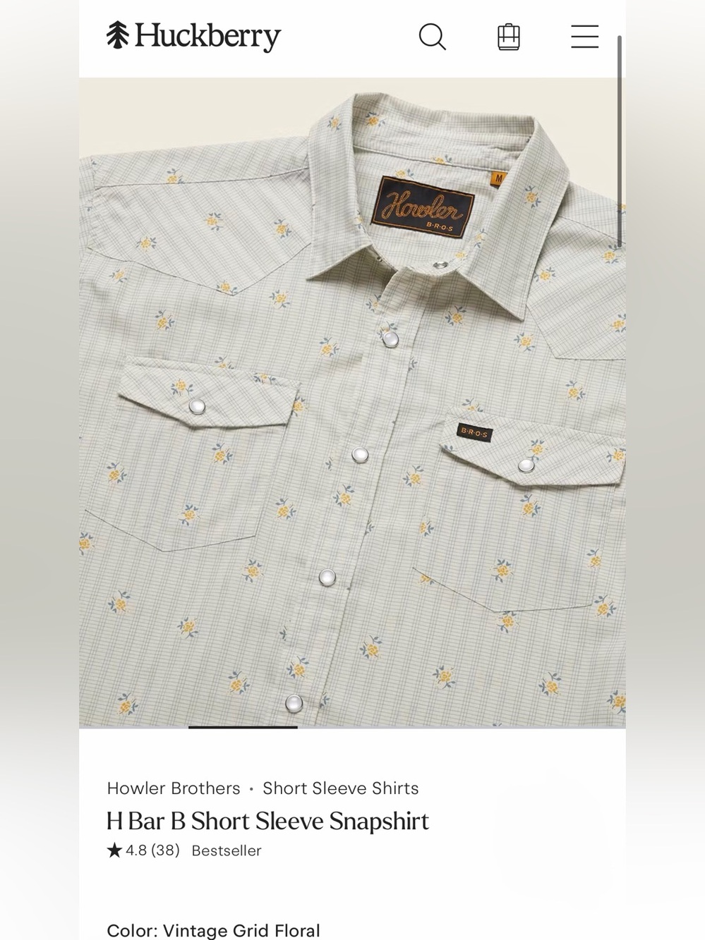 Howler Bros H Bar B Pearl Snapshirt Men’s Large Vintage Grid Floral Western
